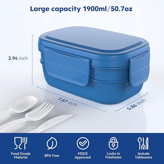 Stackable Bento Box Adult Lunch Box, Large Capacity 1900ml Lunchbox with Utensil Set, Leak-Proof for Dining Out, Work, Picnic, School