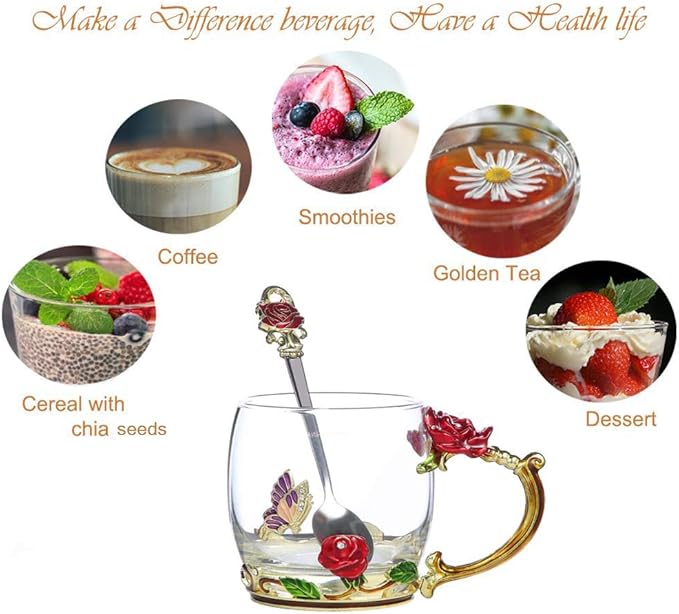 Handicraft Crystal Glass 3D Flower Cups Tea Mug With Tea Spoon Women Coffee, Tea, Juice, Beer, Milk Hot And Cold Drinks Use Gift Package. (Rose Red Coffee Cup, 11 OZ)