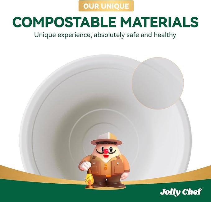 JOLLY CHEF Compostable Disposable Paper Bowl [16 oz] Heavy Duty Soup Containers [150 Pack] Biodegradable Bagasse Hot Cold Food Eco-Friendly Sugarcane Microwavable Bowls for Salad Milk Thanksgiving Day