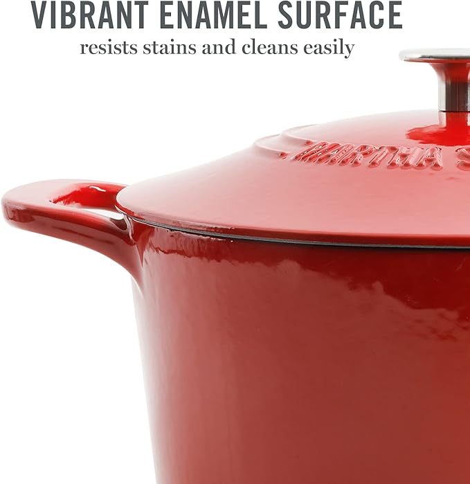 MARTHA STEWART Gatwick 7-Quart Enamel Cast Iron Dutch Oven Pot with Lid – Red – Durable Heavy-Duty Dutch Oven for Slow Cooking, Braising & Baking