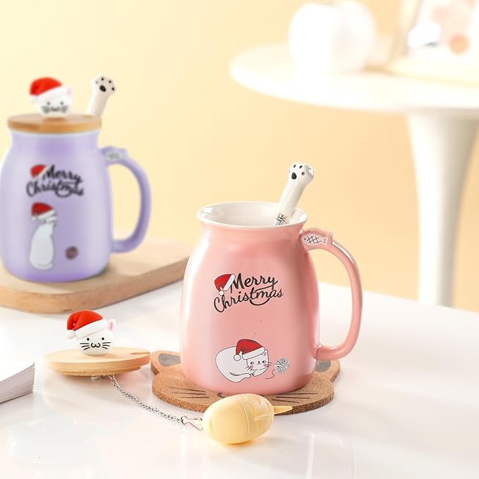 BigNoseDeer Christmas Mugs Kawaii Ceramic Cat Mug Tea Cup Cute Mugs Coffee Mug with Lid Spoon Tea Mug Christmas Gifts for Women 13oz