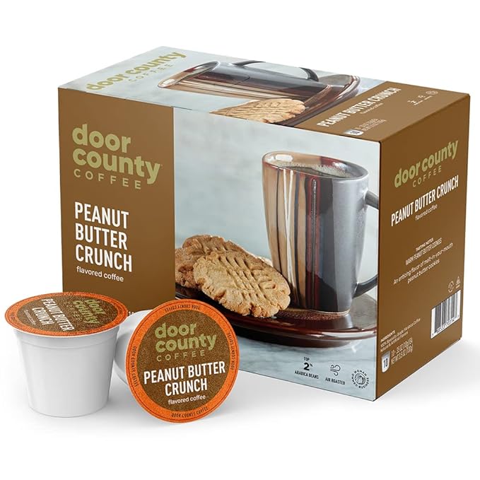Door County Coffee Peanut Butter Crunch Flavored Ground - 30 Count Single Serve Cups - Medium Roast - 100% Specialty Arabica - Flavored Gourmet - Peanut Butter Flavored