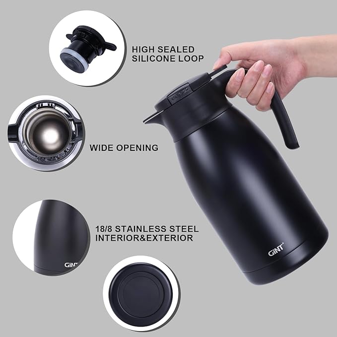 GiNT 1.9L / 64Oz Thermal Coffee Carafe, Insulated Stainless Steel Coffee Carafes for Keeping Hot/Double Walled Vacuum Thermal Carafe (Black)