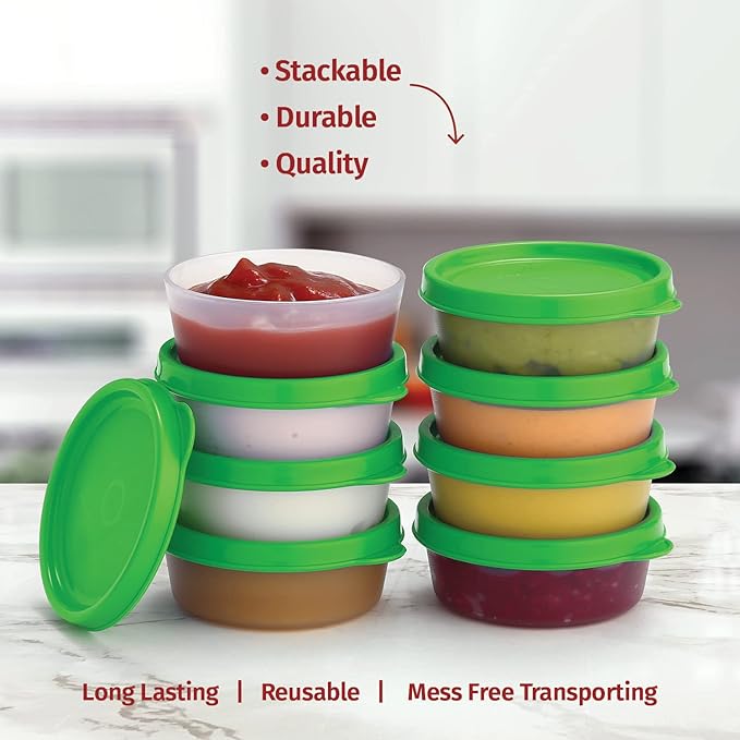 Condiment Cups Containers with Lids- 8 pk. 2.3 oz.Salad Dressing Container to go Small Food Storage Containers with Lids- Sauce Cups Leak proof Reusable Plastic BPA free for Lunch Box Picnic Travel