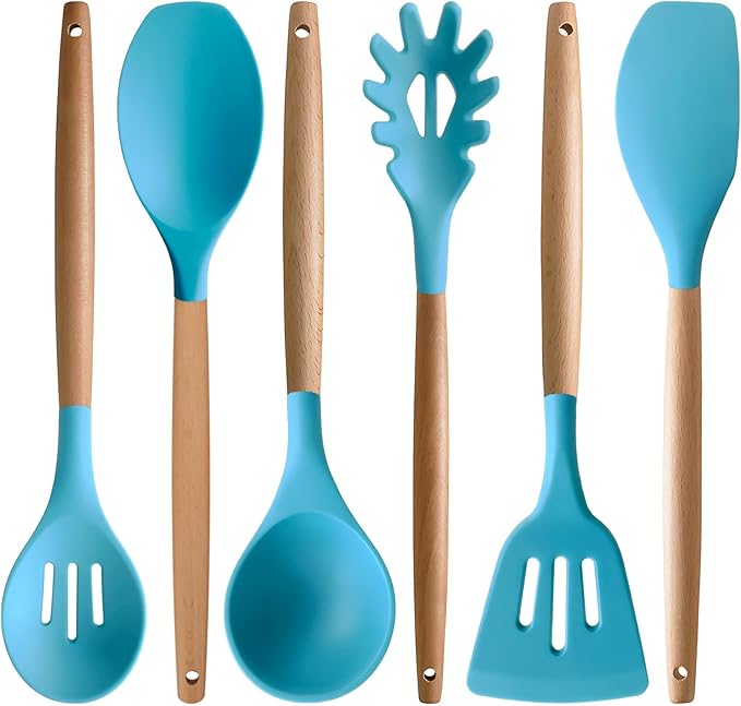 Kitchen Utensils Set 6-Piece Non-Stick Silicone Cooking Utensils Set, Wood Handle Heat Resistant Spatula Spoon Turner Ladle Pasta Server Cooking Kitchen Gadgets BPA Free for Nonstick Cookware
