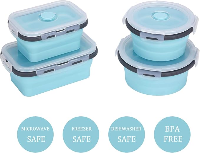 KUON Collapsible Silicone Food Storage Containers with Airtight Lids, Set of 4 Stacking Container, Microwave and Freezer and Dishwasher Safe, with Vent Valve, BPA Free (350ml and 500ml)