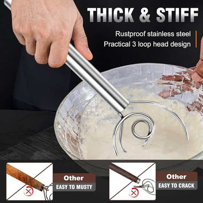 Walfos Danish Dough Whisk, Rustproof Stainless Steel Bread Whisk, Quick Mixing Bread Mixer, Dutch Dough Whisk for Cooking, Blending, Whisking, Stirring, Sourdough, Pizza, Pastry, Cake Batter…