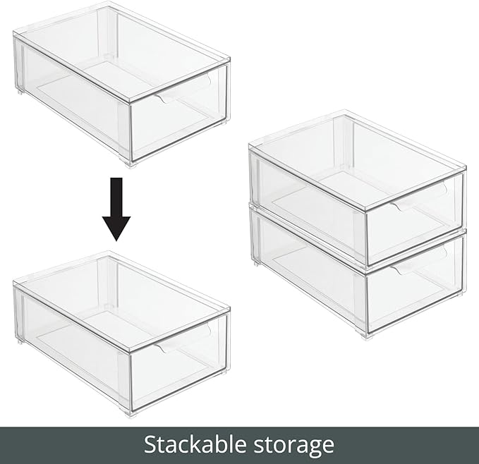 mDesign Plastic Stackable Bathroom Storage Organizer Bin with Pull Out Drawer for Cabinet, Vanity, Shelf, Cupboard, Cabinet, or Closet Organization - Lumiere Collection - 8 Pack - (Clear, 8 x 12 x 4)