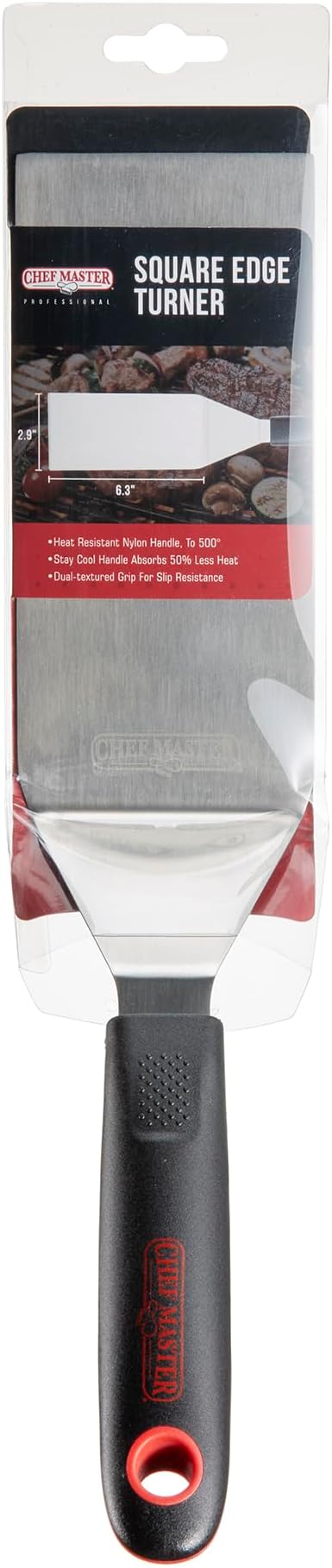 Chef Master 90281 High Heat Square Edge Turner Spatula, 6.3" x 2.9" Blade | Heat Resistant Handle | Slip Resistant Grip | Dishwasher Safe
