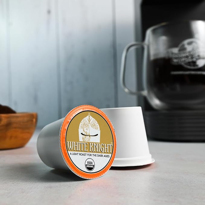 Fresh Roasted Coffee, Organic White Knight | USDA Organic, Kosher | Light Roast 24 Pods for K Cup Brewers