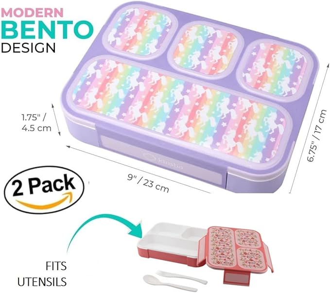 kinsho Bento-Box Lunch Box Kids Girls, Food and Snack Containers for Toddler Daycare, School Travel, Loncheras Para Ninas, Utensils Included (Purple Unicorn + Pink Flowers, 2 Pack)