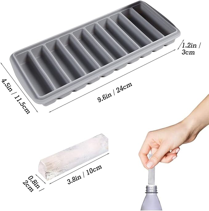 LessMo 2 PCS Ice Cube Tray, Long Ice Stick Tray Silicone with Lid, Rectangular Narrow Stick, Reusable, Flexible, Easy Release, for Small Mouth Sport Bottles, Juice Bottles, Cocktail Parties, Gray