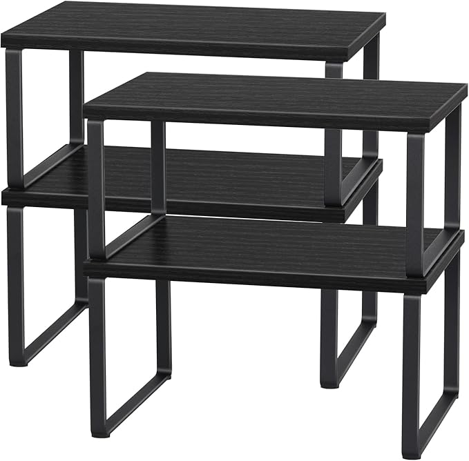 CADUKE Set of 4 Kitchen Counter Shelves Stackable Shelf Organizer Wood Countertop Shelves Expandable Cabinet Shelf Organizers Countertop Storage Rack for Pantry, Industrial Black