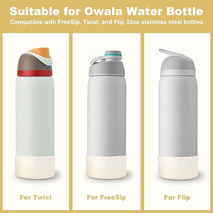 2PCS Silicone Water Bottle Boot for Owala 32oz, Protective Bottom Bumper Anti-Slip Sleeve for FreeSip, Twist, and Flip Stainless Steel Bottles, Dishwasher Safe and BPA Free(Shiny Gold)