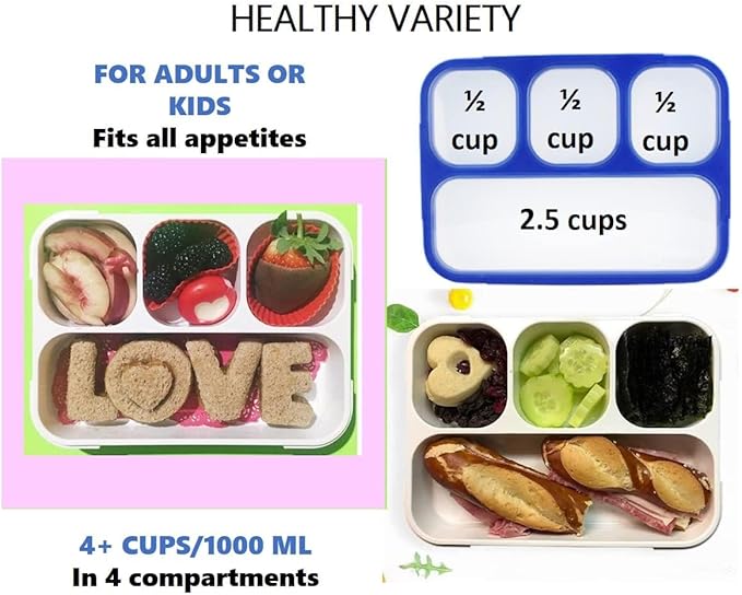Bento Lunch-Box for Kids and Adults: Lunch Boxes with 4 Sealed Compartments, Divided Containers for Boys Girls Women Men - School Work Portion Container, Utensils, Blue + Rose Pink 2 pack Set