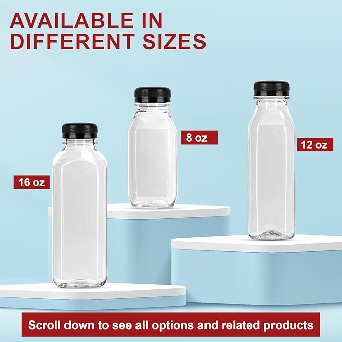 YULEER 24pcs 12oz Plastic Bottles with Caps, Take Out Bottles with Lids, Clear Juice Bulk Containers for Smoothie, Drinking, and Other Beverages