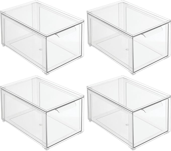 mDesign Plastic Stackable Bathroom Storage with Pull Out Bin Organizer Drawer for Cabinet, Vanity, Shelf, Cupboard, Cabinet, or Closet Organization - Lumiere Collection - 4 Pack - Clear