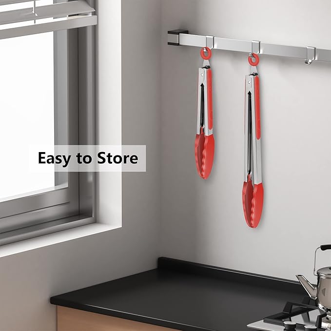 Set of 2 Kitchen Tongs 9-Inch & 12-Inch, Premium Stainless Steel BPA Free Silicone Non-Stick Grilling Barbeque Cooking Locking Food Tongs, Red