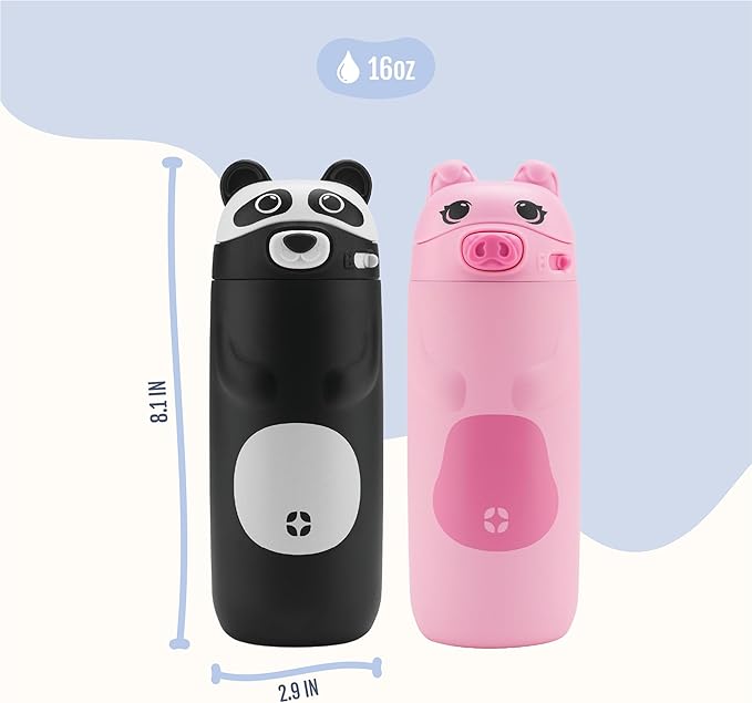 Ello Ellies 12oz Vacuum Insulated Stainless Steel Kids Water Bottle with Straw and Built-in Carrying Handle and Leak-Proof Locking Lid for School Backpack, Lunchbox and Outdoor Sports, Pig