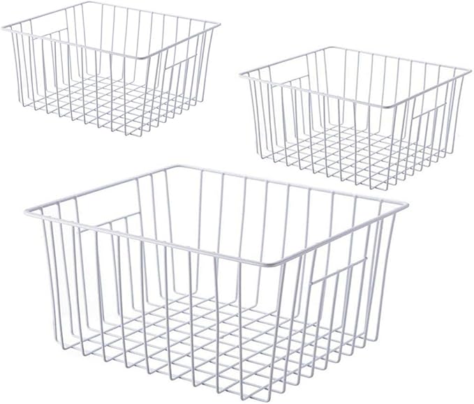Freezer Wire Baskets, Kitchen Storage Organizer Bins for Chest and Upright Freezer, Refrigerator Dividers Containers with Handles - Pearl White (3)