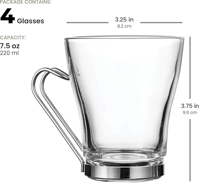 Bormioli Rocco Oslo 7.5 oz. Cappuccino Tempered Glass Cup with Removable Stainless Steel Handle for Coffee, Tea, Lattes, and Hot Drinks, Set of 4