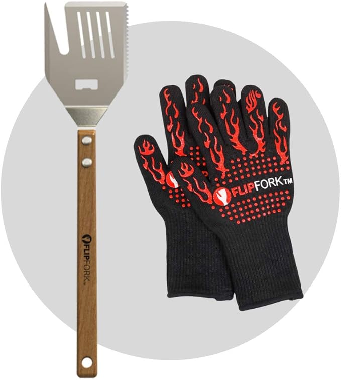 2-piece Griddle Tools Set with FlipFork Boss Multipurpose Grilling Spatula cum BBQ Fork, and Heat-resistant BBQ Gloves, Practical Grill Stuff for Dad and the Pro Chef