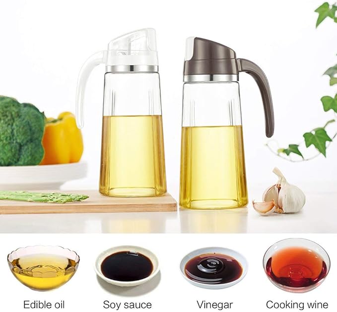 Marbrasse Oil Dispenser for Kitchen,20 OZ /600ml Leakproof Glass Oil Bottle with Auto Flip Cap,Olive Oil Container for Kitchen Cooking(1 Pcs White + 1 Pcs Brown)