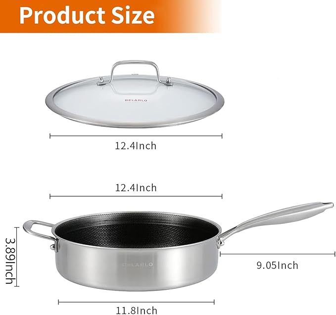 DELARLO Tri-Ply Stainless Steel 12 Inch Deep Frying Pan with lid,7QT Saute Pan Nonstick,Compatible with All Cooktops,Oven Up to 660℉,Chicken Fryer,Dishwasher-Friendly