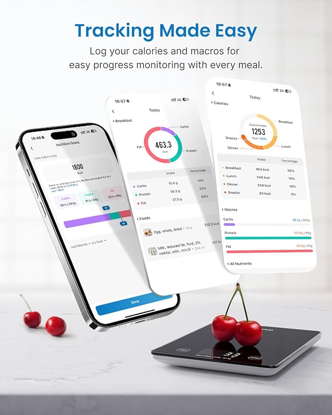 RENPHO Digital Kitchen Scale, Smart Food Weight Scale with Nutritional Calculator, Gram Scale for Weight Loss Cooking Baking Keto Macro Diet, Black Glass, 22lb/10kg