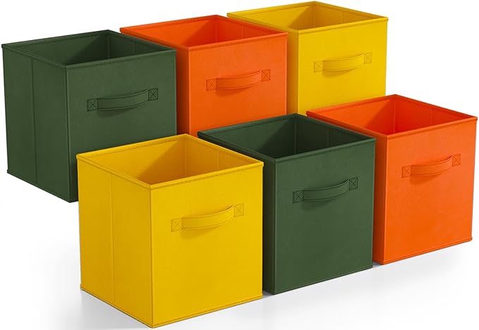 Sorbus Foldable Storage Cubes - 6 Fabric Baskets for Organizing Pantry, Shelf, Toy Box, Cubby, Closet Organizer - 11 Inch Collapsible Closet Organizers & Storage Bins (Dark Yellow, Green, & Orange)