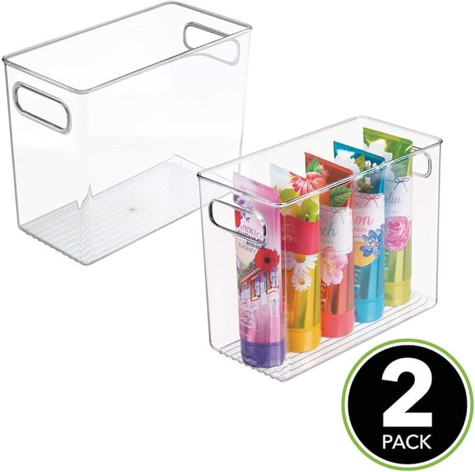 mDesign Slim Plastic Storage Container Bin with Handles - Bathroom Cabinet Organizer for Toiletries, Makeup, Shampoo, Conditioner, Face Scrubbers, Loofahs, Bath Salts - 5" Wide, 2 Pack - Clear