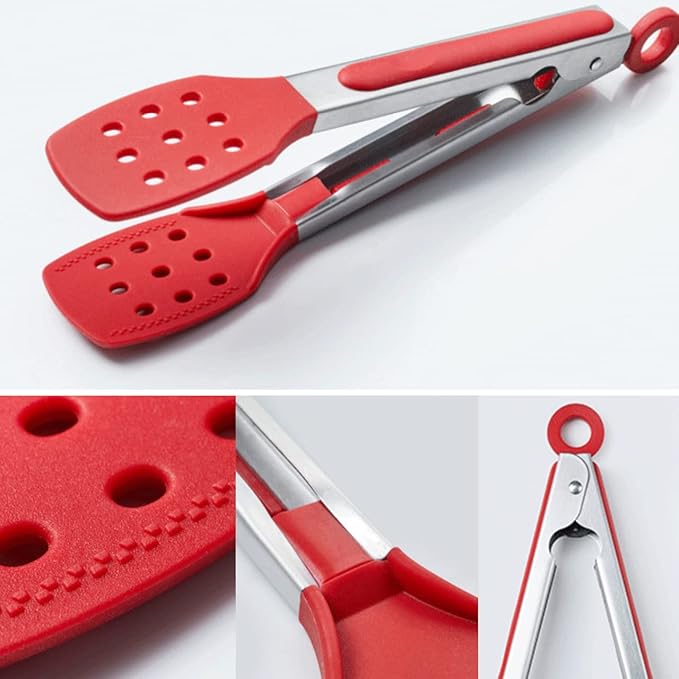 9 Inch Kitchen Tongs, Cooking Tongs with Slotted Silicone Tips and Stainless Steel Handle, Non Stick Heat Resistant Tongs for Cooking, Buffet, Salad Serving (9", Red)