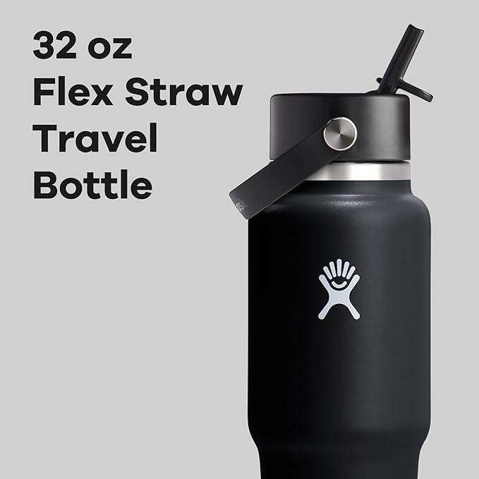Hydro Flask Travel Water Bottle - Insulated Stainless Steel - Wide Straw Lid, Non Spill, Leakproof in 32 Oz Black