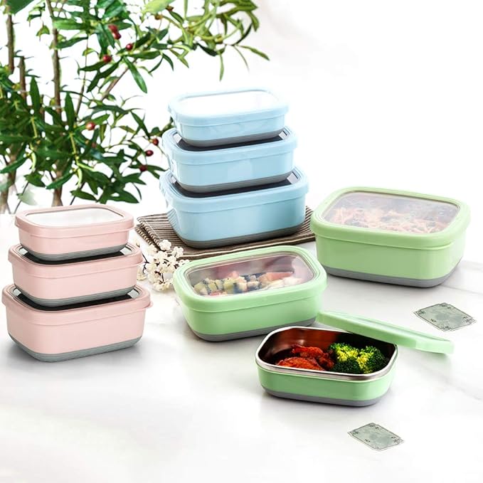 Lille Home Leak Proof Salad Container Stainless for Lunch - Snack Containers Steel - Ideal for Educational Settings & Daycare - Nesting Trio with Silicone Lids - 47oz+30oz+16oz - Blue