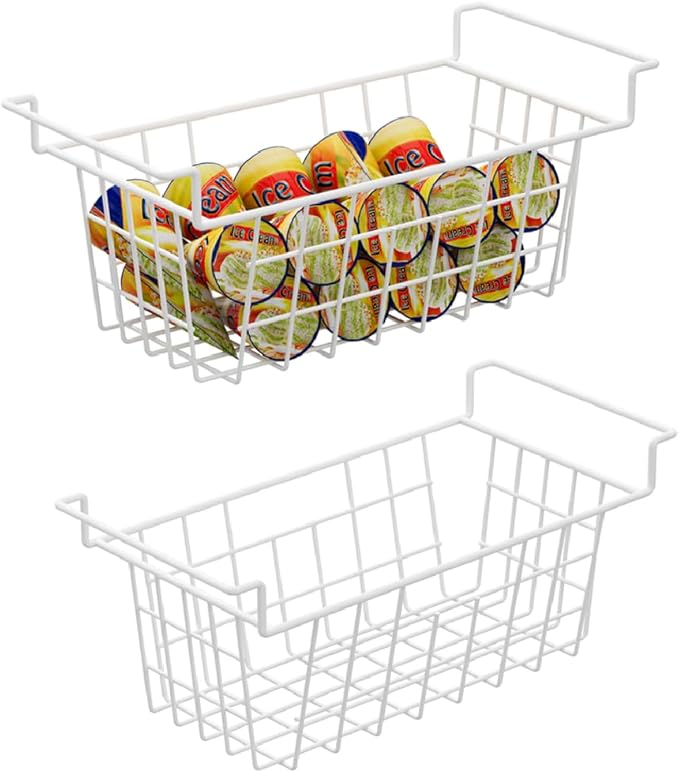 Slideep 17.5" Large Hanging Baskets Freezer Organizer Bin Sturdy Metal Wire Storage Baskets Organization for Pantry, Kitchen, White, Set of 2