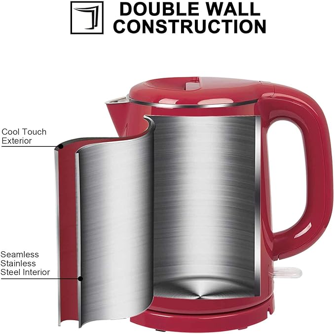 Secura Stainless Steel Double Wall Electric Kettle Water Heater for Tea Coffee w/Auto Shut-Off and Boil-Dry Protection, 1.0L (Red) SWK-1001DR/HB-K012