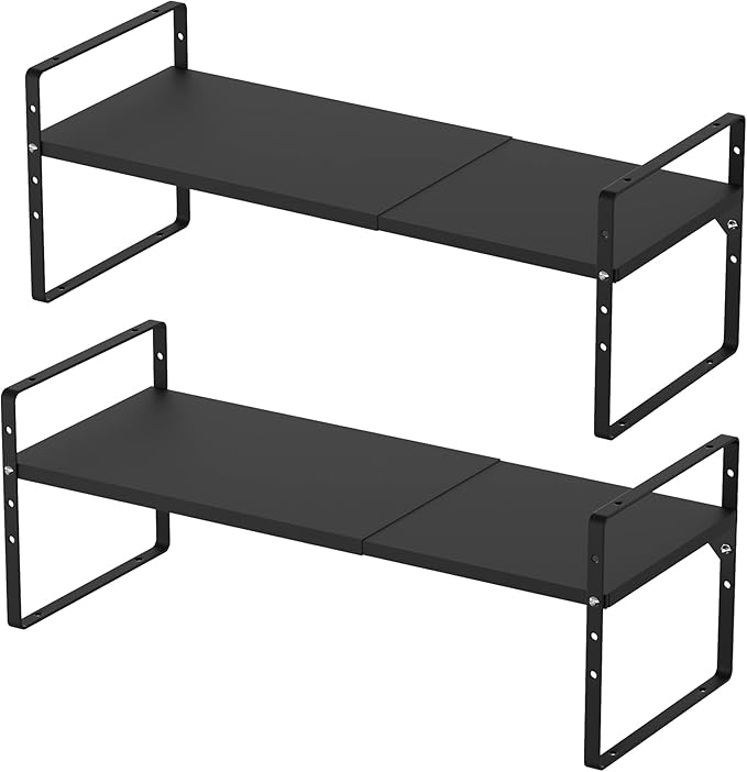 iPEGTOP 2 Pack Expandable Cabinet Storage Shelf Organizer Rack, Heavy Duty Steel Metal Spice Rack Adjustable Height Office Garage Pantry Shelf Space Riser for Counter Kitchen Organization, Black