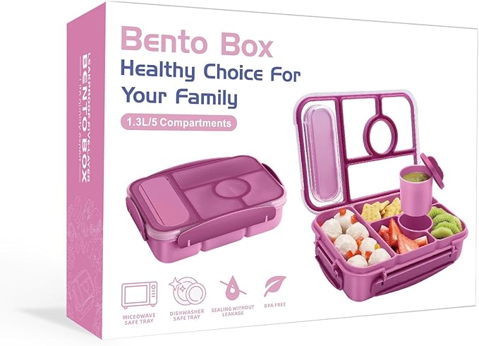 Bento Box Adult Lunch Box Kids,Lunch Containers for Adults/Kids/Toddler,5 Compartments Bento Lunch Box with Sauce Vontainers,Microwave & Dishwasher & Freezer Safe,BPA-Free (Purple)