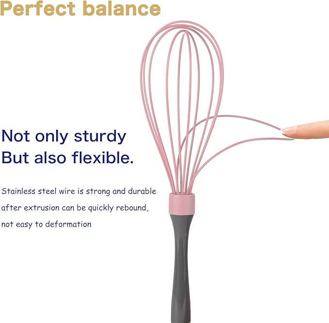 Pink whisk, Dishwasher Safe Wisk, Professional Whisks For Cooking Non-Scratch, Stainless Steel & Silicone Wisk, Plastic Rubber Whisk Tool For Nonstick Cookware Pans, Heat Resistant Whisk 12-Inch