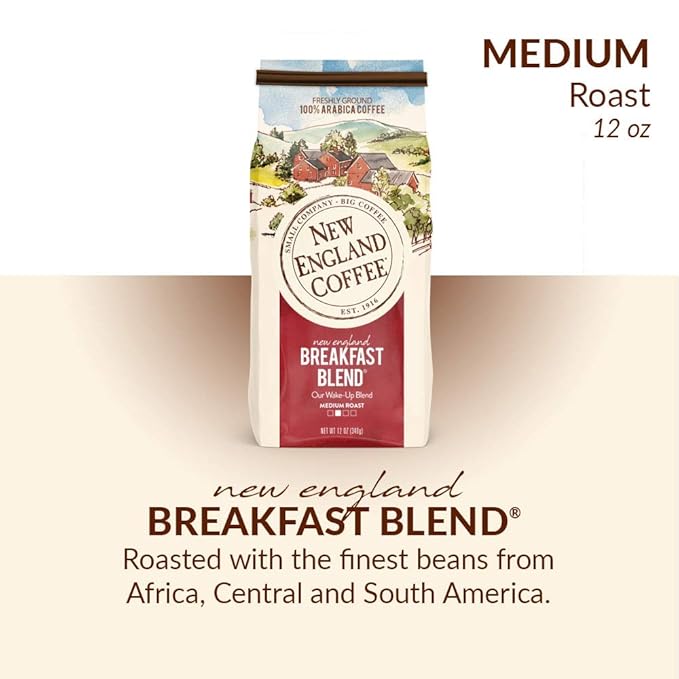 New England Coffee Breakfast Blend Medium Roast Ground Coffee, 12oz Bag (Pack of 2)