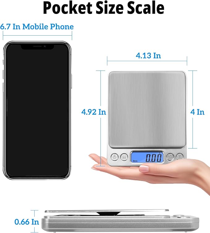 NEXT-SHINE Gram Scale 500g x 0.01g Precision, Digital Mini Pocket Size Portable Scale with Two Trays Nine Units, LCD Display Stainless Steel Platform for Weighing Jewelry Cooking Baking