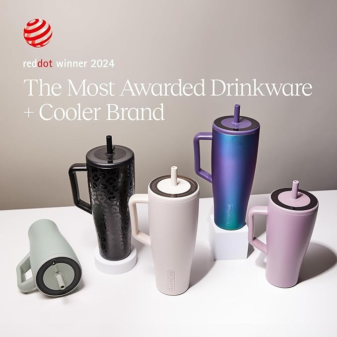 BrüMate Era 30 oz Tumbler with Handle & Straw | 100% Leakproof Insulated Water Bottle Tumbler with Lid & Flexible SoftSip Straw | Made of Stainless Steel | Cup Holder Friendly 30oz (White Polka Dots)