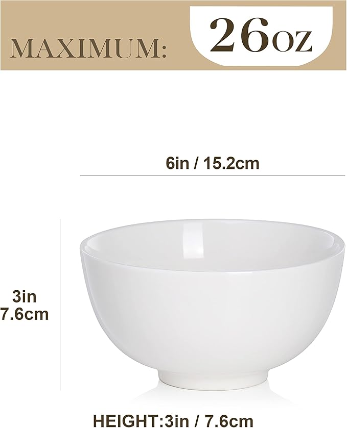 MALACASA 26 Oz Porcelain Soup Bowls Set of 4, White Ceramic Bowls for Kitchen, Cereal Bowl for Oatmeal, Fruit, Salad, Ramen and Rice Bowl -Dishwasher & Microwave Safe Bowls