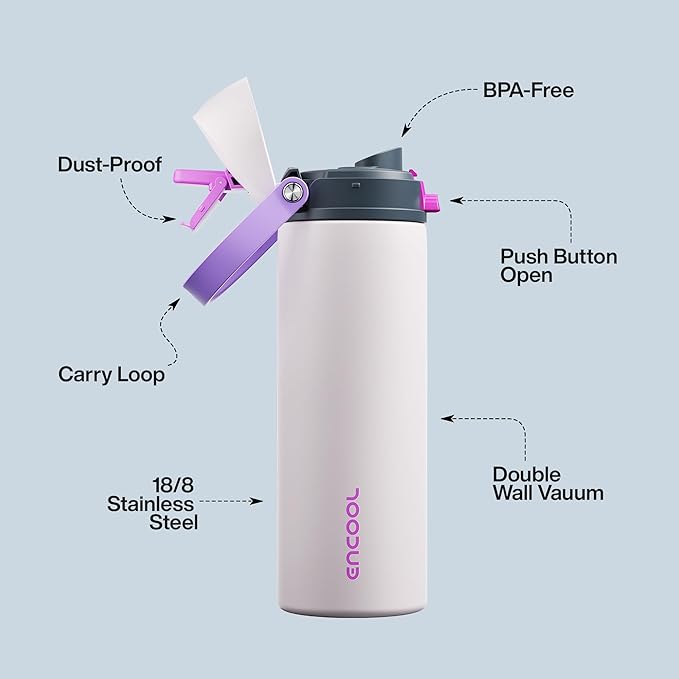 Insulated Water Bottle with Straw - Encool Stainless Steel Water Bottle with Push Button Lid, Leak-Proof & BPA-Free, Keeps Cold for 24 Hours for Sports, Travel, Gym (24 oz, Oyster Pink)