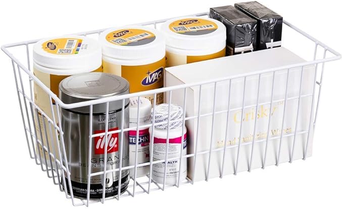 SANNO Freezer Baskets Wire Storage Baskets Closet Baskets Bin Farmhouse Organizer Storage Bins Organization Storage for Home, Office, Bathroom, Pantry -Set of 2, 15.7" White-2P