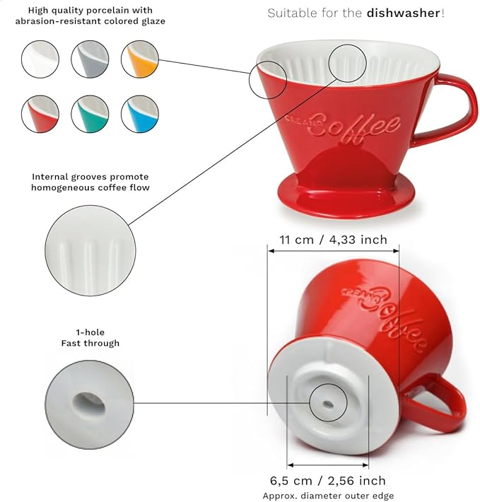 Creano XXL Porcelain Coffee Dripper Red - Ceramic Cone Brewer - Pour Over Coffee Maker - Filter Size 4 - huge and heavy quality 800gr/28oz - 6 Colours availeble