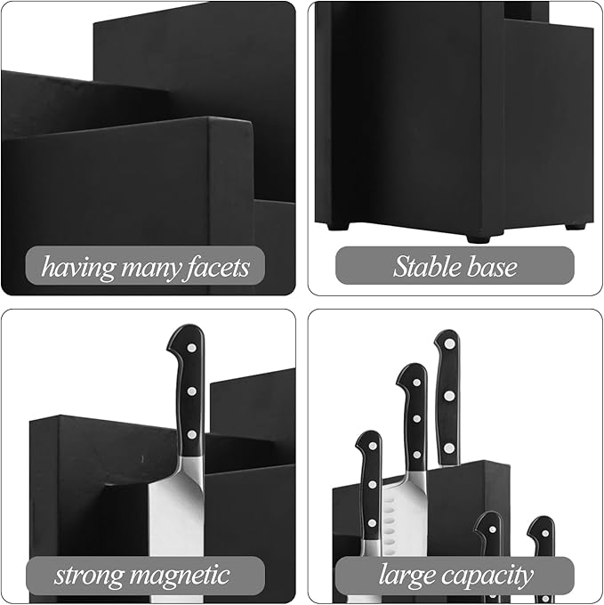 Resafy Black Magnetic Knife Block Knives Display Stable Board Knife Holder Rack Magnetic Stands with Strong Enhanced Magnets on Both Sides Anti-slip Feet