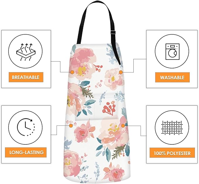 Britimes Apron Home Kitchen Cooking Baking Gardening for Women Men With Pockets Romantic Floral Flower Rose Pink 32x28 inch