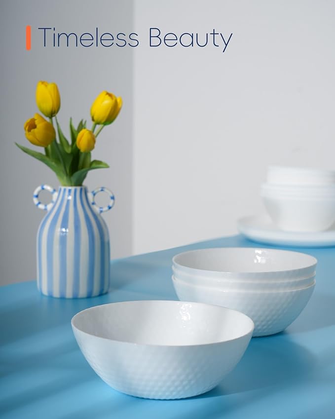 27 OZ Max Cereal Soup Bowl Set of 6, Opal Glass 7.2 inch White Geometric Faceted Bowls for Ramen, Noodle, Salad, Fruit, Dishwasher and Microwave Safe