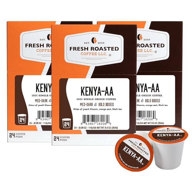 Fresh Roasted Coffee, Kenya AA, Med-Dark Roast, 72 Pods for K Cup Brewers